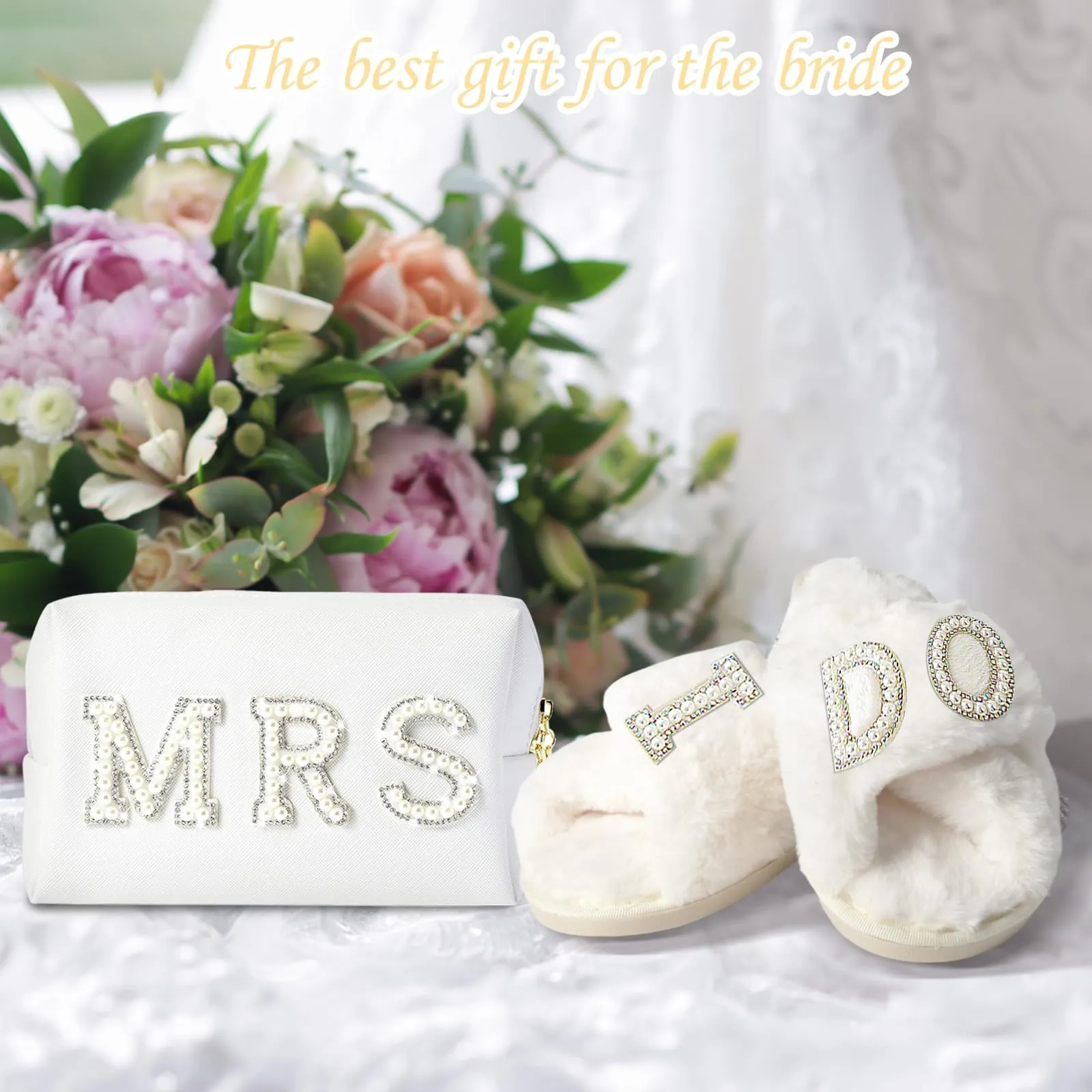 Generic Bride to Be Gift Set, Bridal Shower Gift, MRS Gifts, Bachelorette Gifts for Bride, Bride Slippers I Do Slippers Bride Makeup Bag MRS Makeup Bag Bride Cosmetic Bag Bride MRS Patch, 8.5-9.5