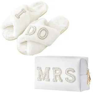 Generic Bride to Be Gift Set, Bridal Shower Gift, MRS Gifts, Bachelorette Gifts for Bride, Bride Slippers I Do Slippers Bride Makeup Bag MRS Makeup Bag Bride Cosmetic Bag Bride MRS Patch, 8.5-9.5