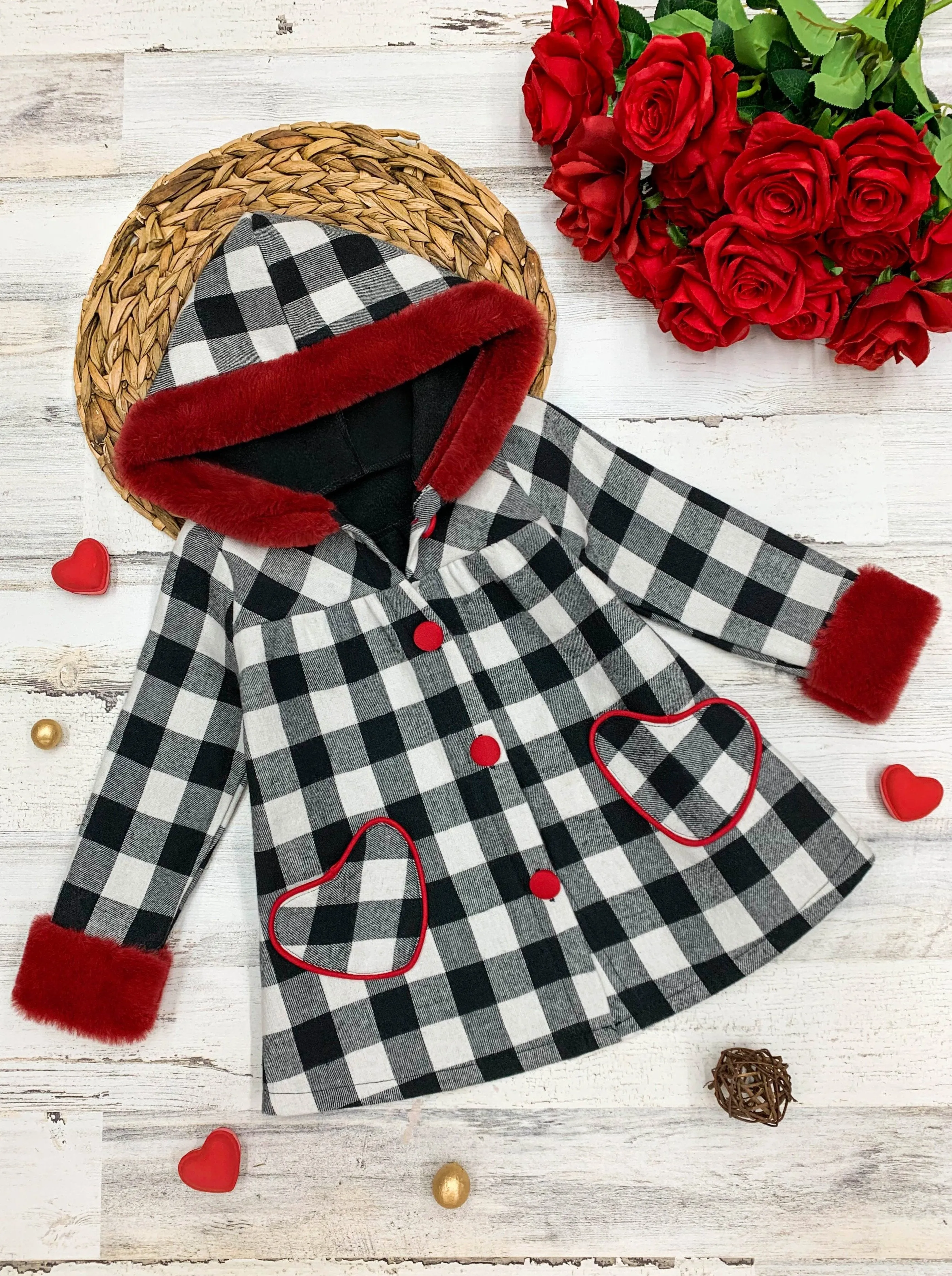 Girls Cozy Love Plaid Coat with Faux Fur Cuffs