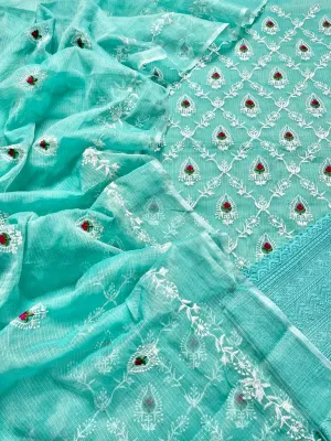 Green Hand Embroided Kota Doria Suit Fabric With Dupatta