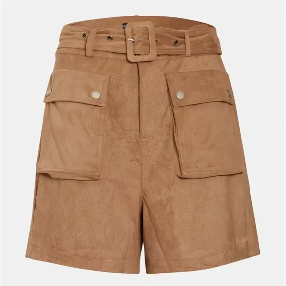 Guess Faux Suede High Rise Cargo Pocket Shorts Size Small Belted Brown Tan NWT