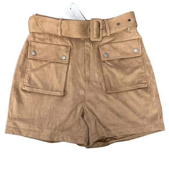Guess Faux Suede High Rise Cargo Pocket Shorts Size Small Belted Brown Tan NWT