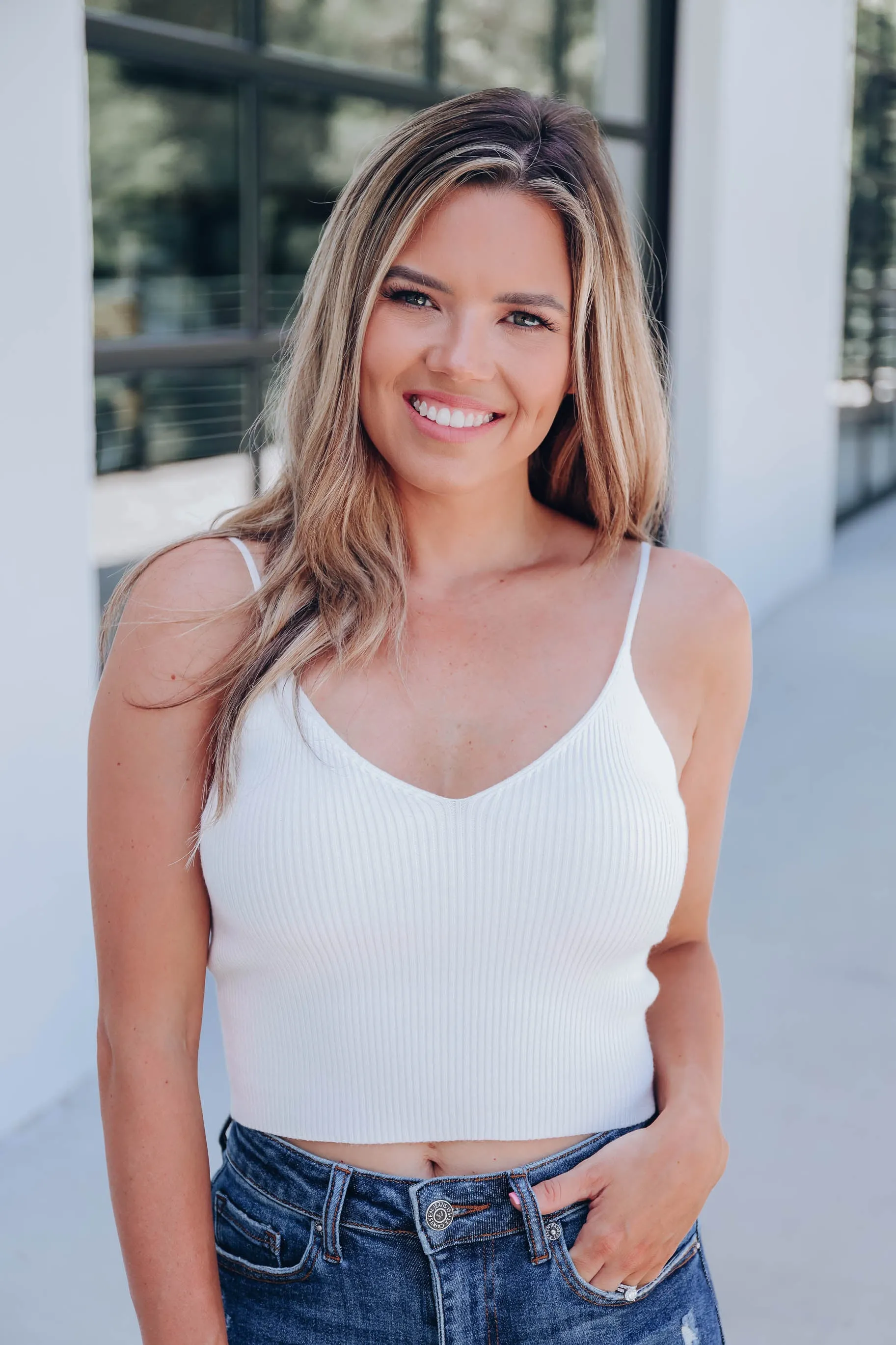 Jane Cropped Ribbed Cami - White