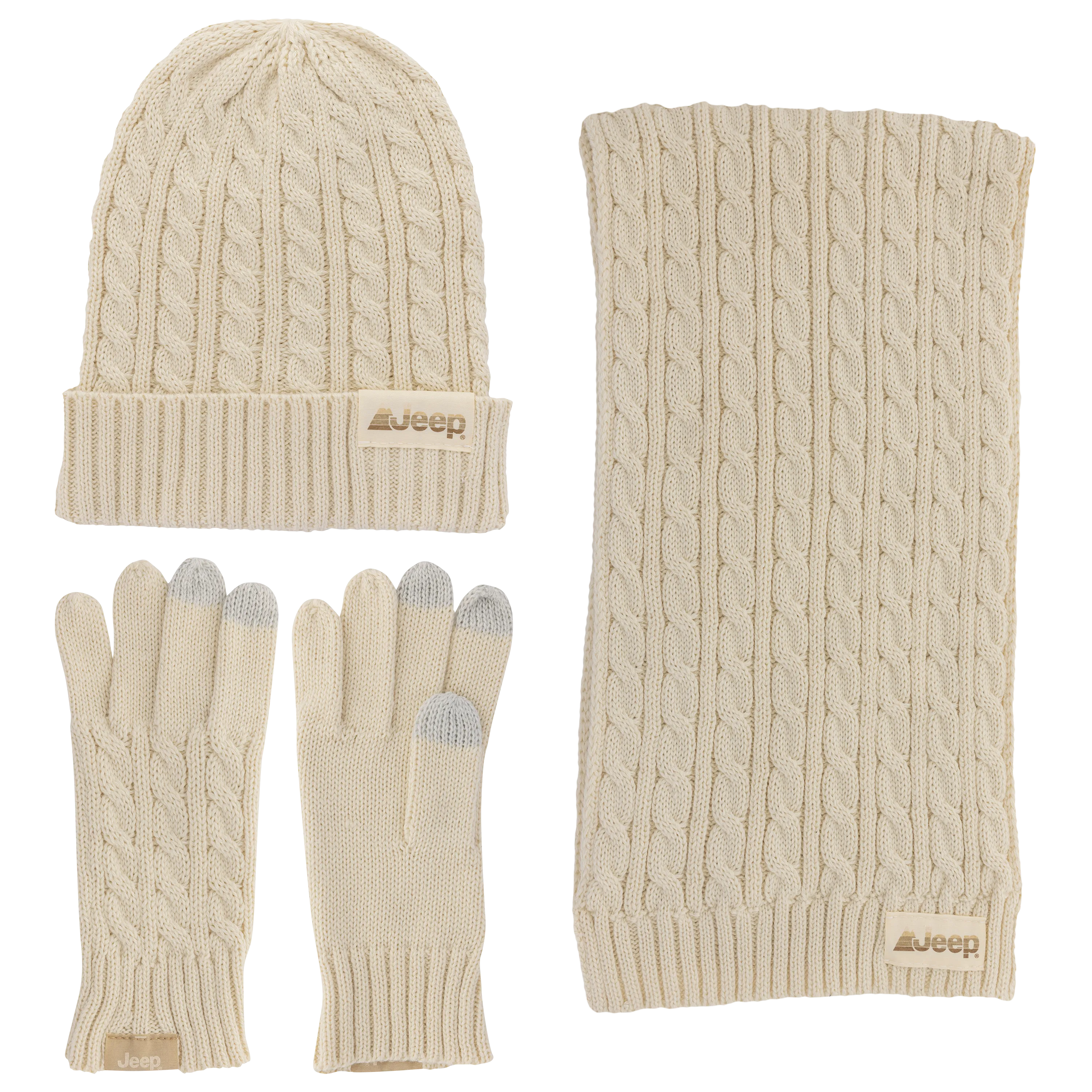 Jeep® 3-Piece Cable Knit Scarf, Hat and Glove Set