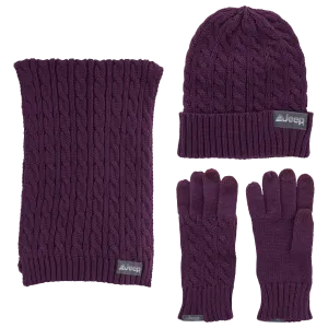 Jeep® 3-Piece Cable Knit Scarf, Hat and Glove Set
