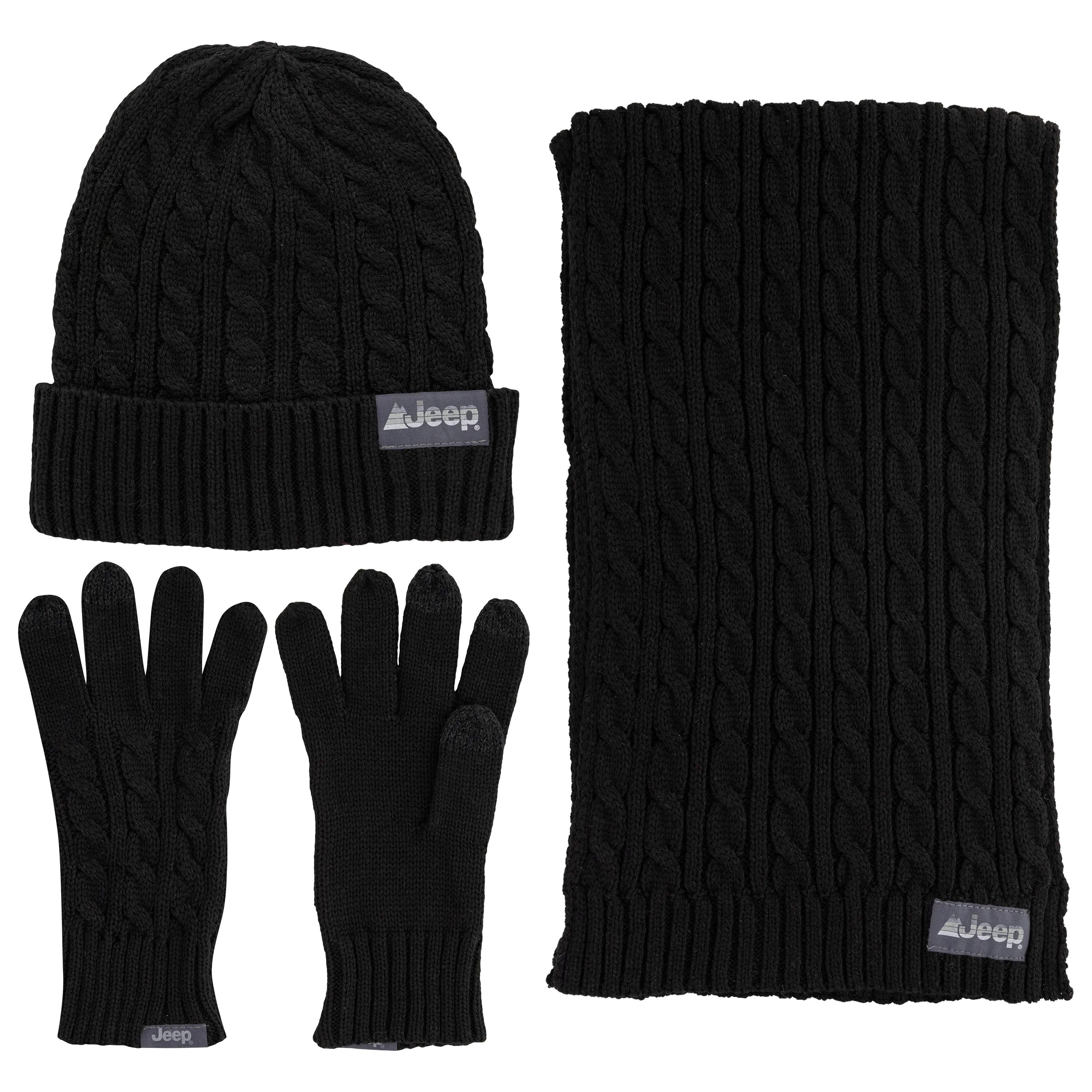 Jeep® 3-Piece Cable Knit Scarf, Hat and Glove Set
