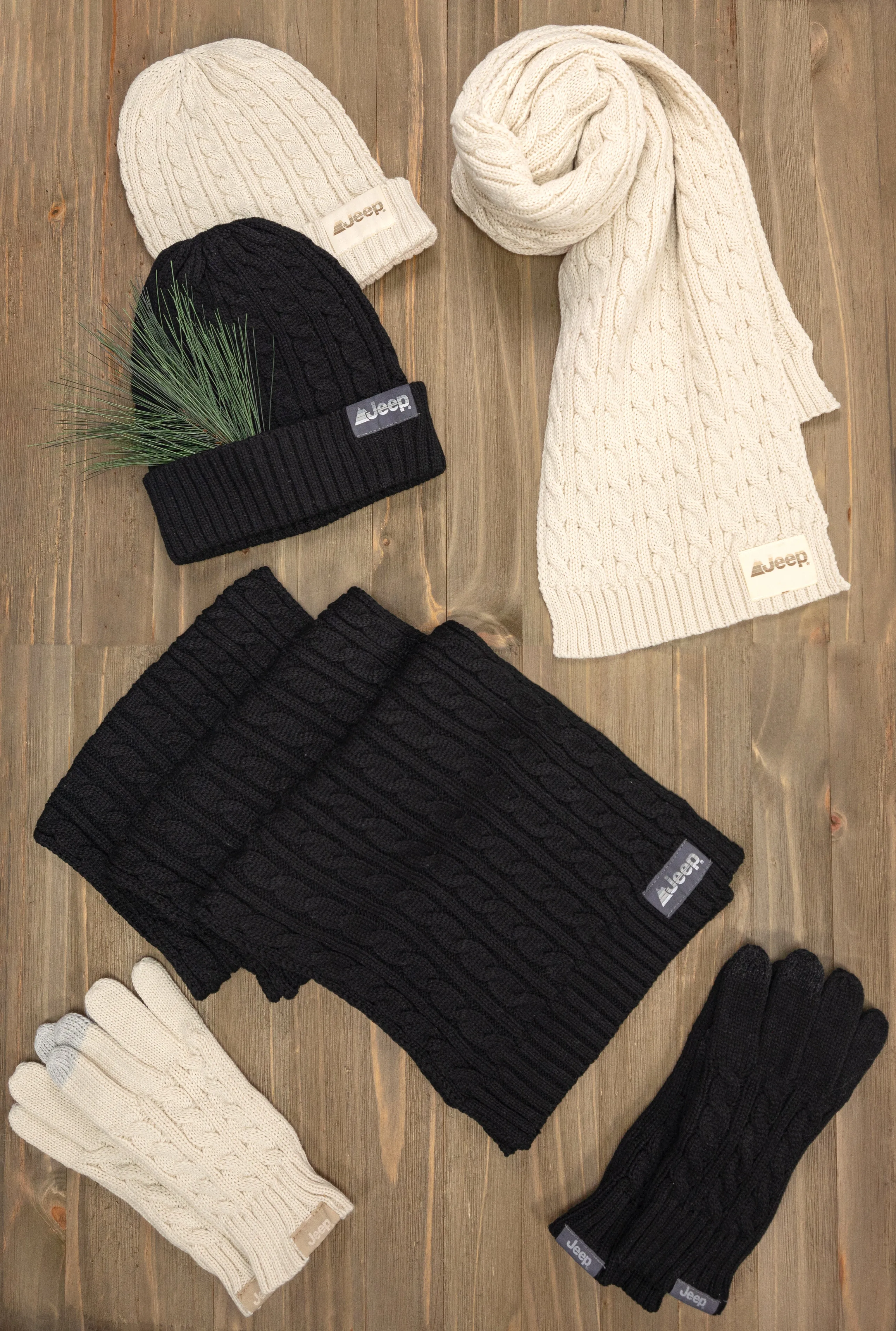 Jeep® 3-Piece Cable Knit Scarf, Hat and Glove Set