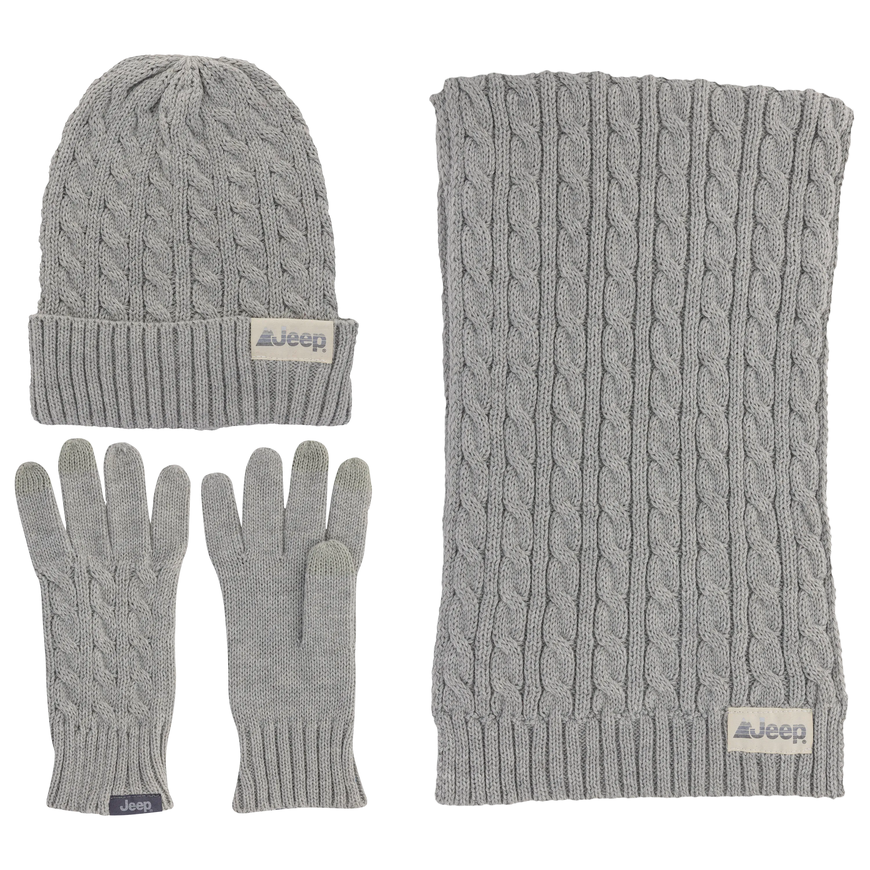 Jeep® 3-Piece Cable Knit Scarf, Hat and Glove Set
