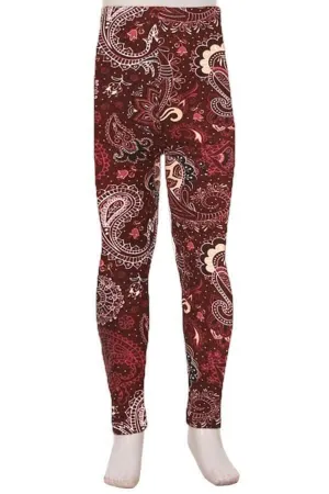 Kids Burgundy & Creme Paisley Print Leggings