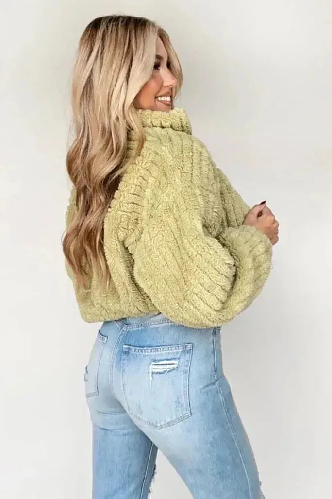 Long Sleeve Zip Up High Collar Cropped Fleece Jacket