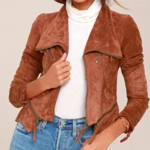Lulu's Moto Jacket Faux Suede Rust Orange/Cognac Brown Woman's Size Small