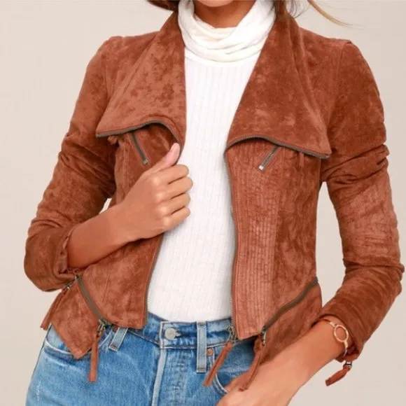 Lulu's Moto Jacket Faux Suede Rust Orange/Cognac Brown Woman's Size Small