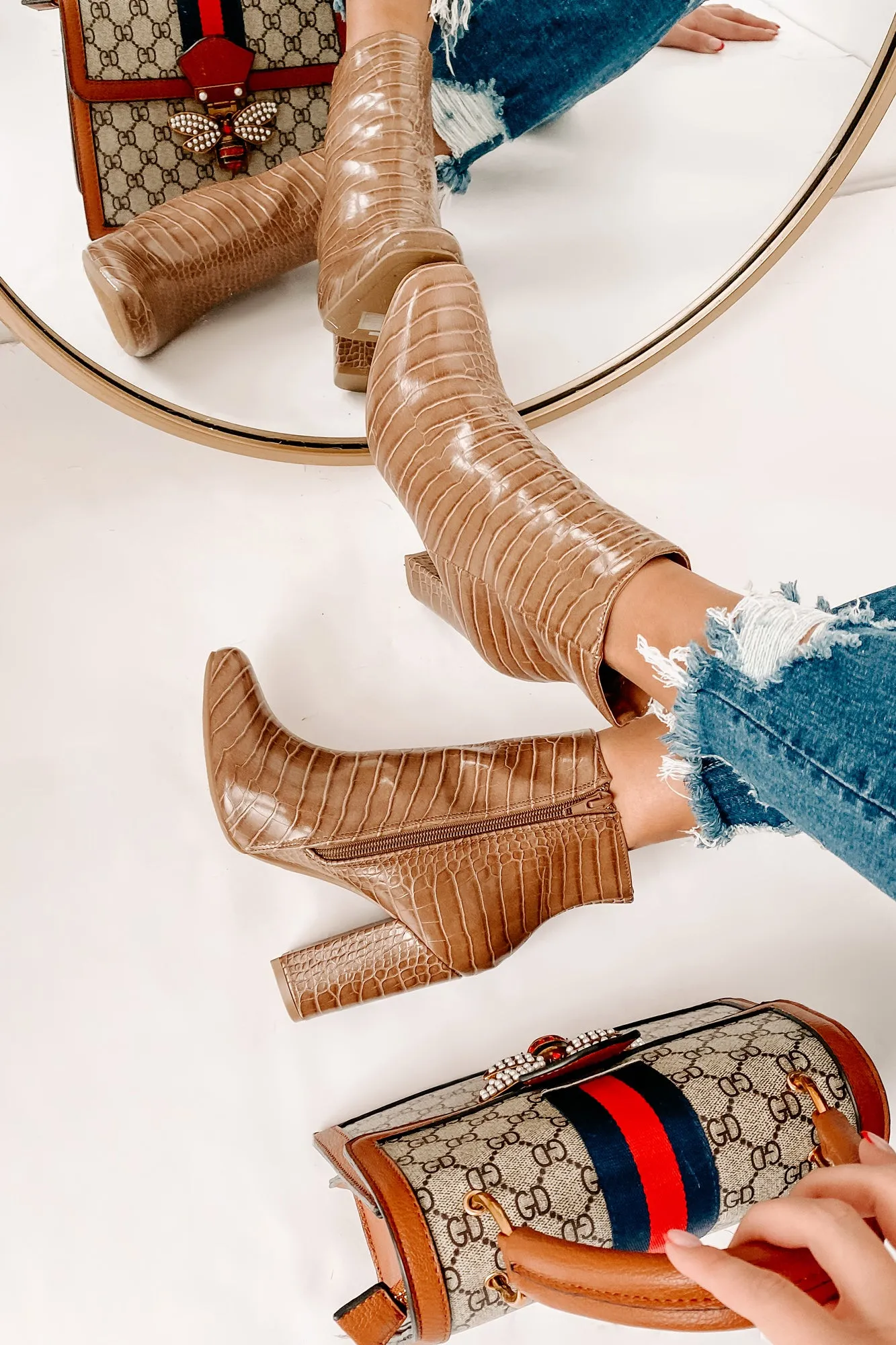 Making An Appearance Faux Croc Booties (Taupe Croco)
