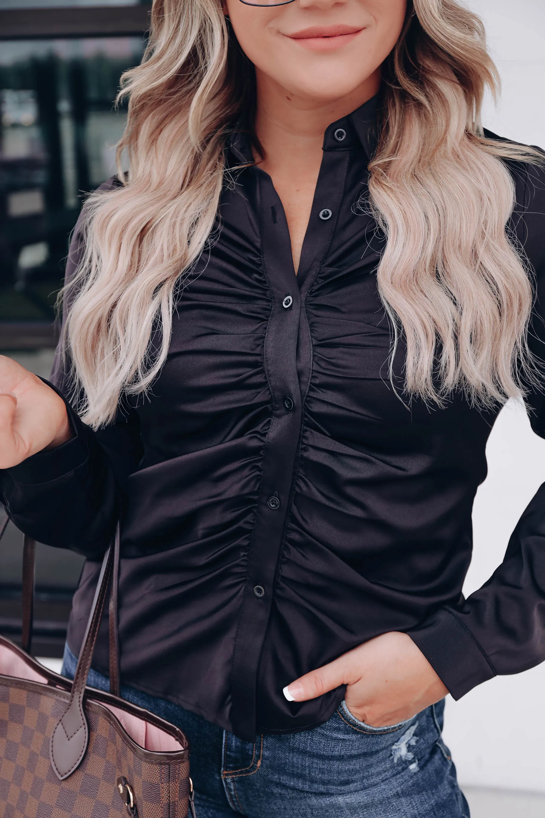Marais Ruched Button Up Blouse - Black