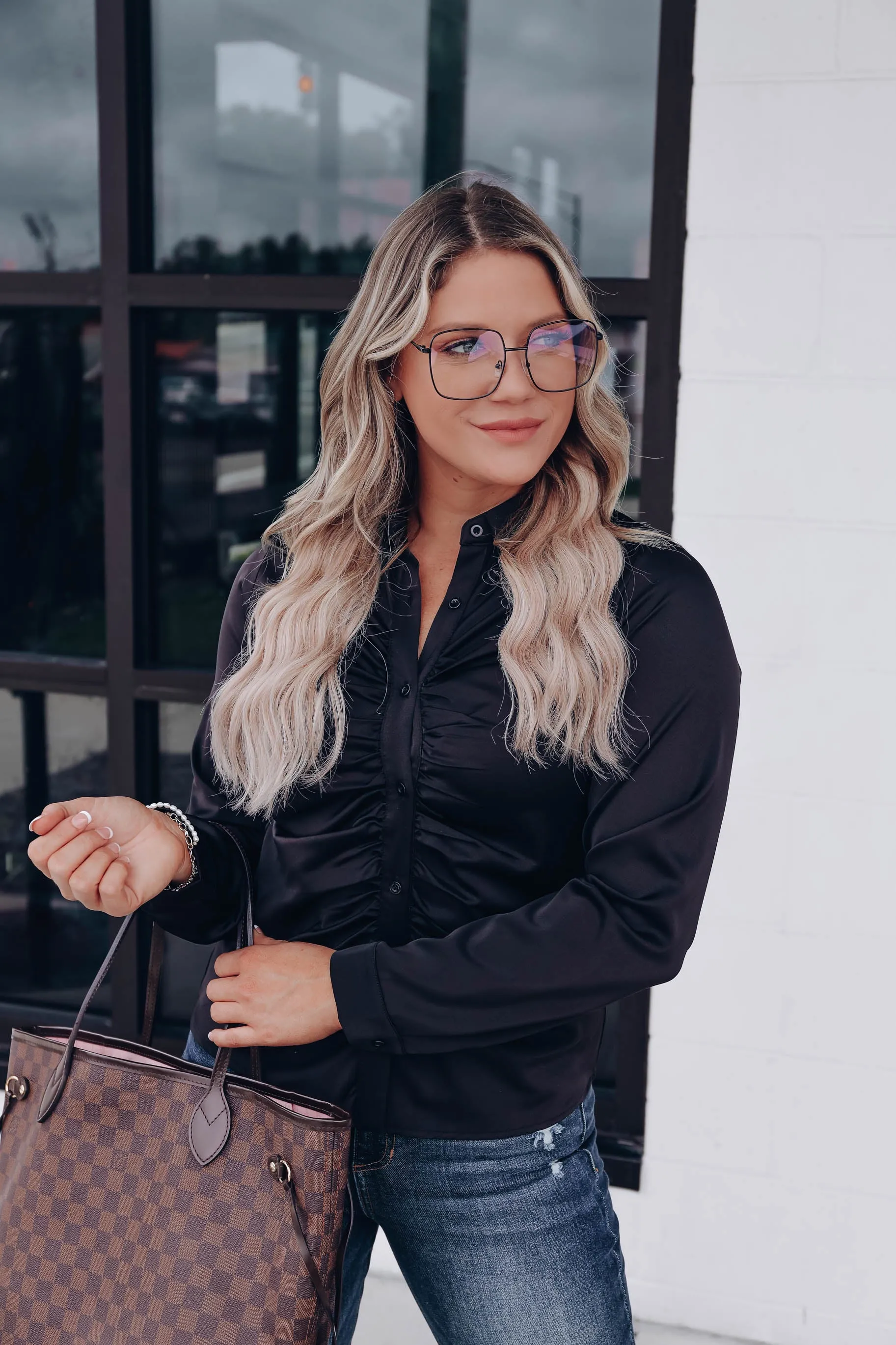 Marais Ruched Button Up Blouse - Black
