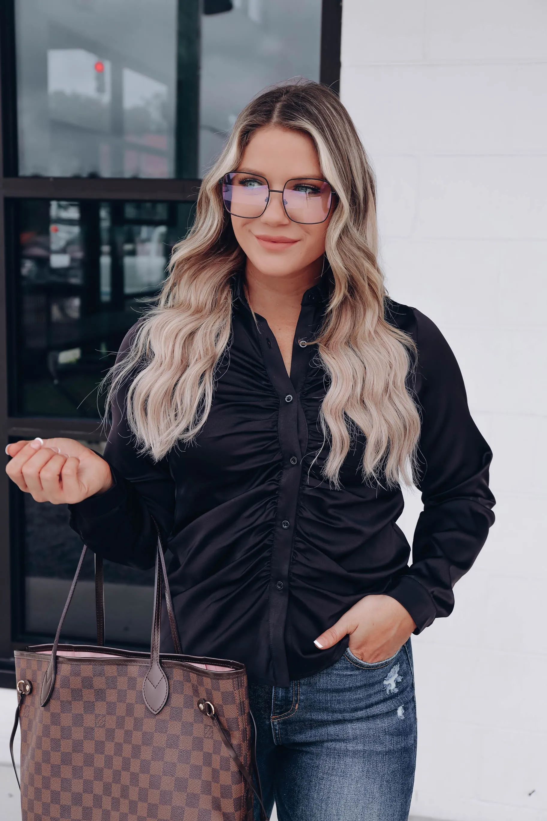 Marais Ruched Button Up Blouse - Black