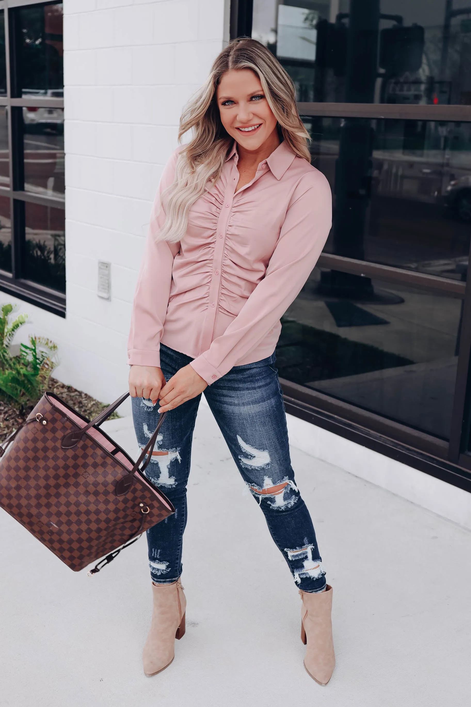 Marais Ruched Button Up Blouse - Mauve