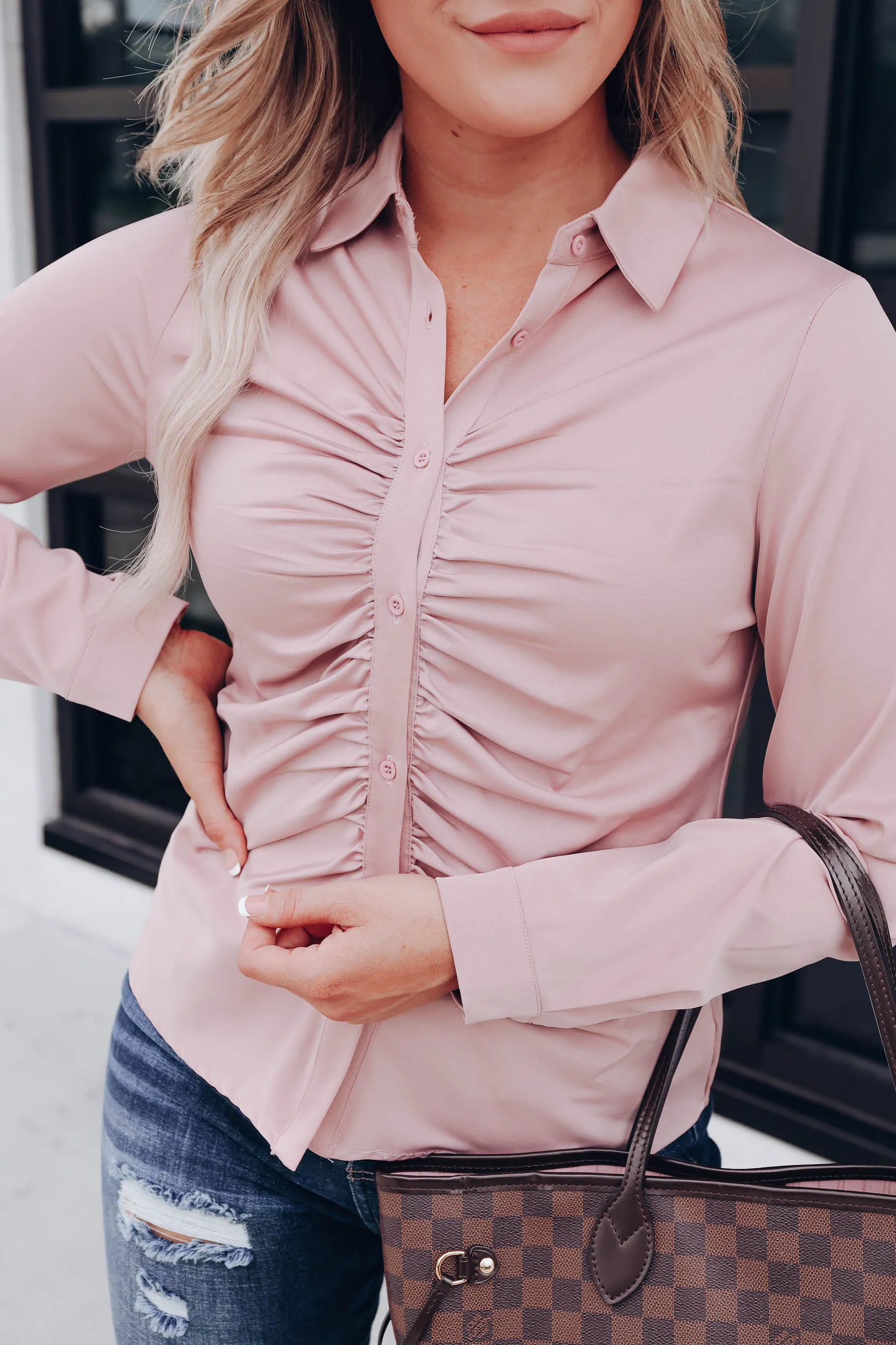 Marais Ruched Button Up Blouse - Mauve