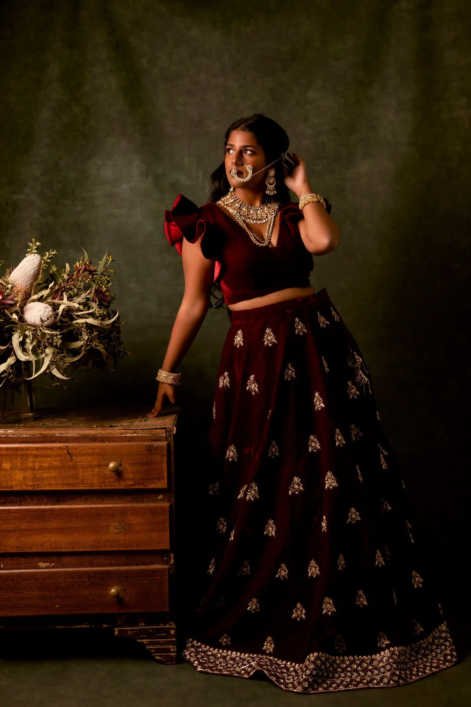 Maroon Color Velvet Wedding Lehenga Set