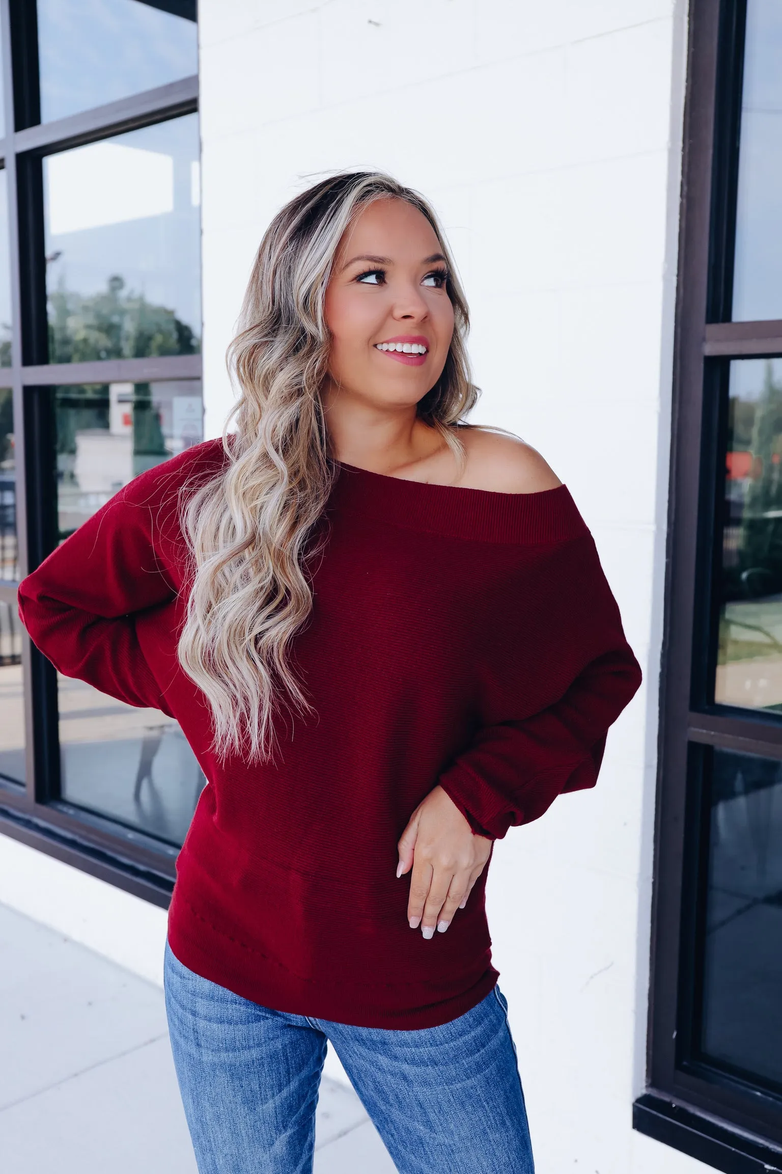 Merlot Off Shoulder Knit Sweater