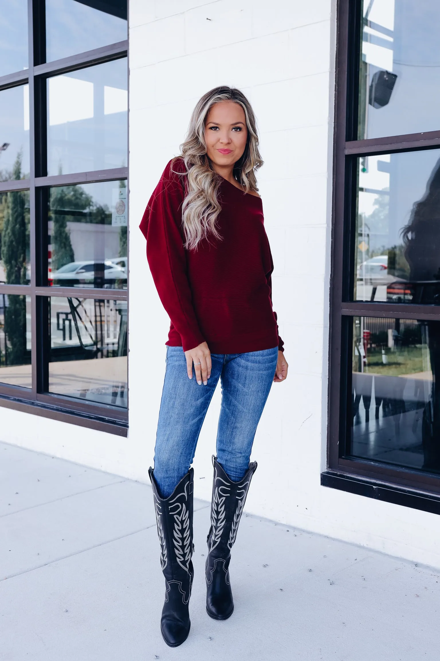 Merlot Off Shoulder Knit Sweater