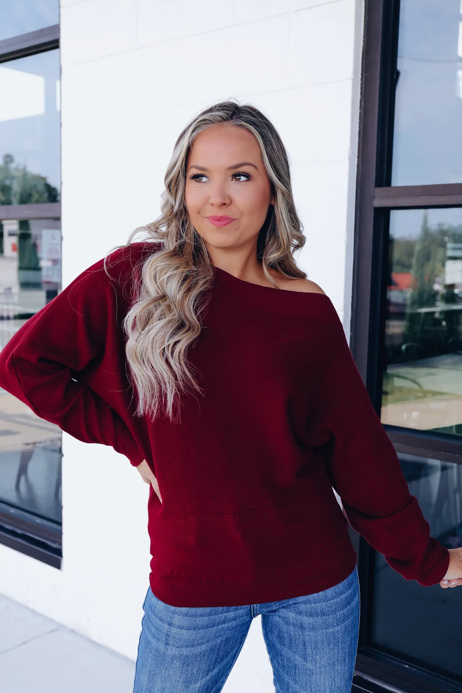 Merlot Off Shoulder Knit Sweater