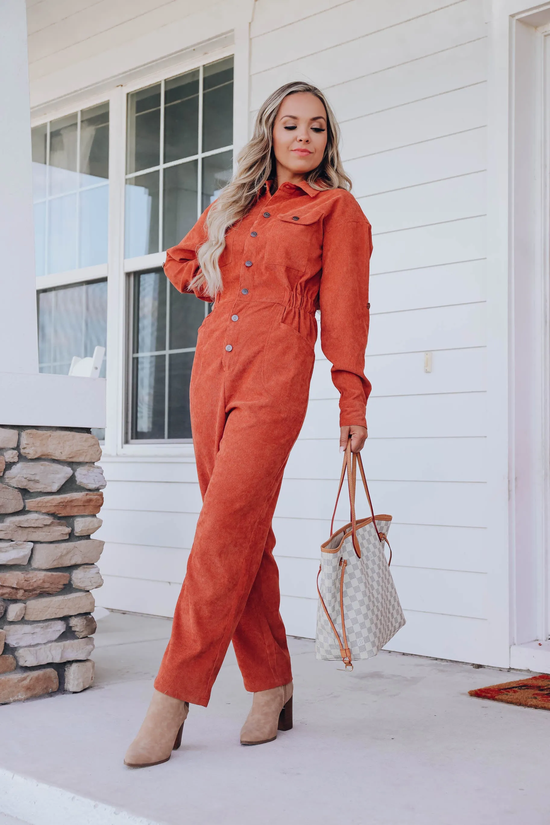 Mikaela Utility Corduroy Jumpsuit - Brick