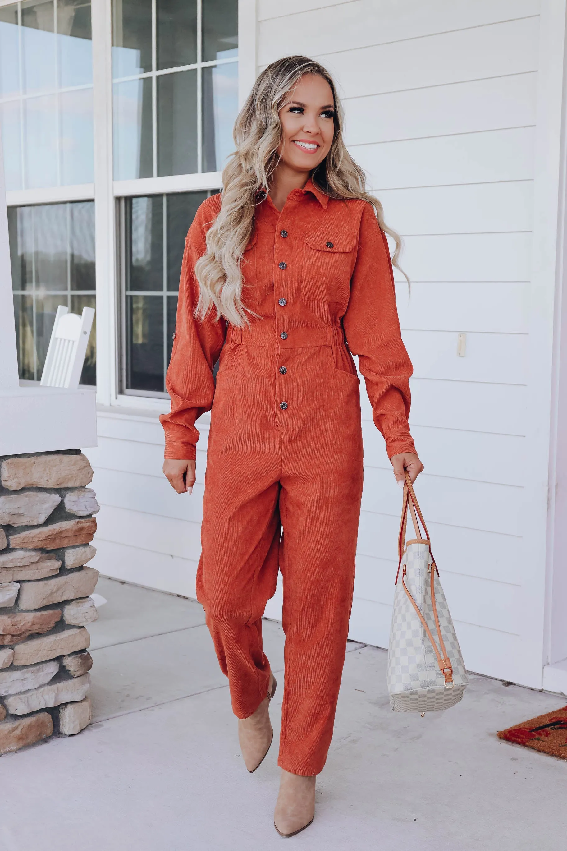 Mikaela Utility Corduroy Jumpsuit - Brick