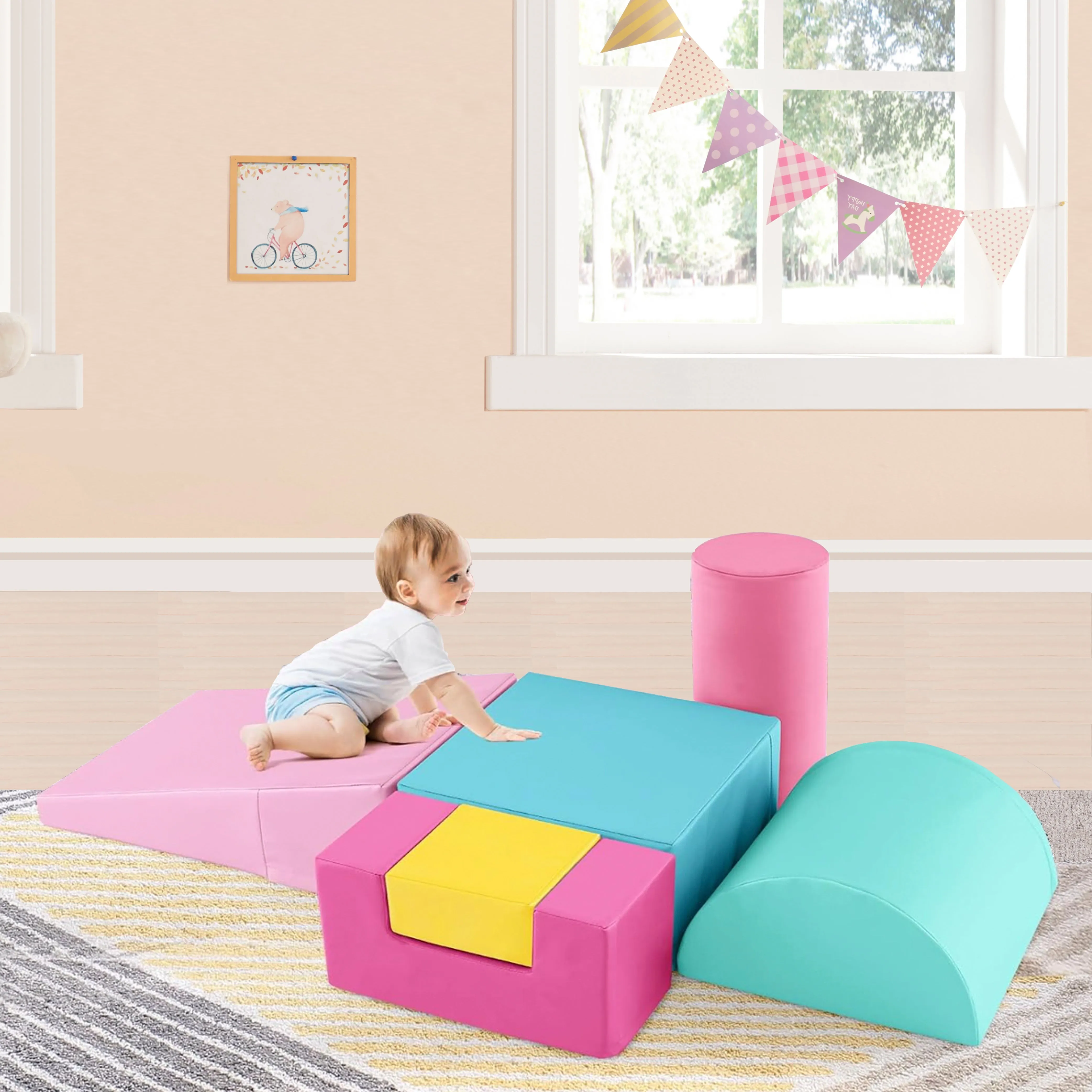 Montessori Soft Play Equipment | Pikler 6 Piece Foam Soft Play Set | Soft Play Slide & Bridge | Pastel Macaron Set | 1-3 years