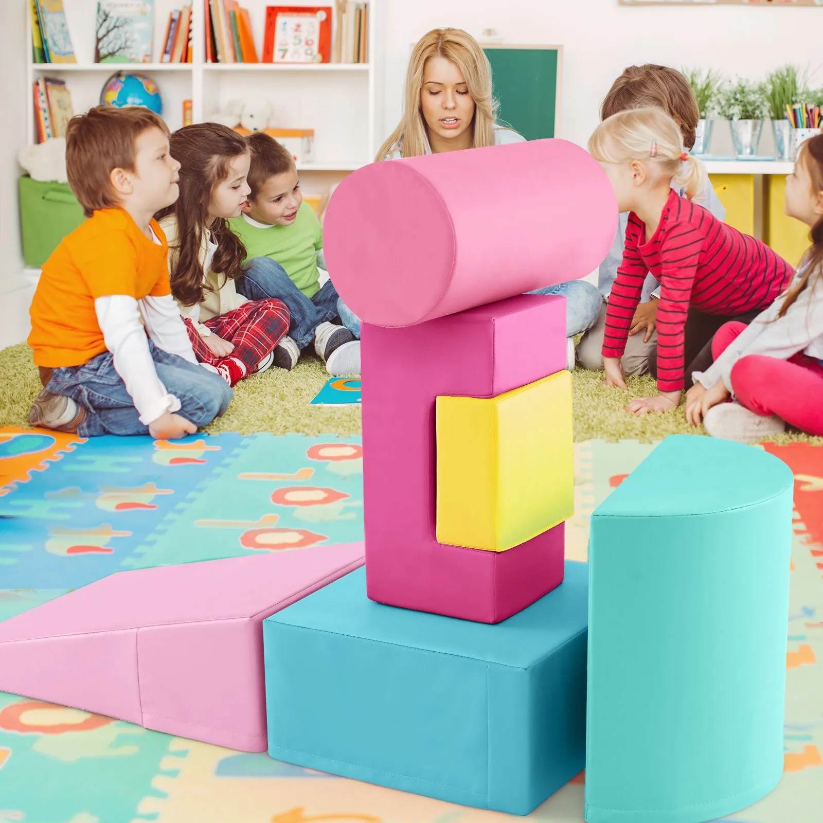 Montessori Soft Play Equipment | Pikler 6 Piece Foam Soft Play Set | Soft Play Slide & Bridge | Pastel Macaron Set | 1-3 years
