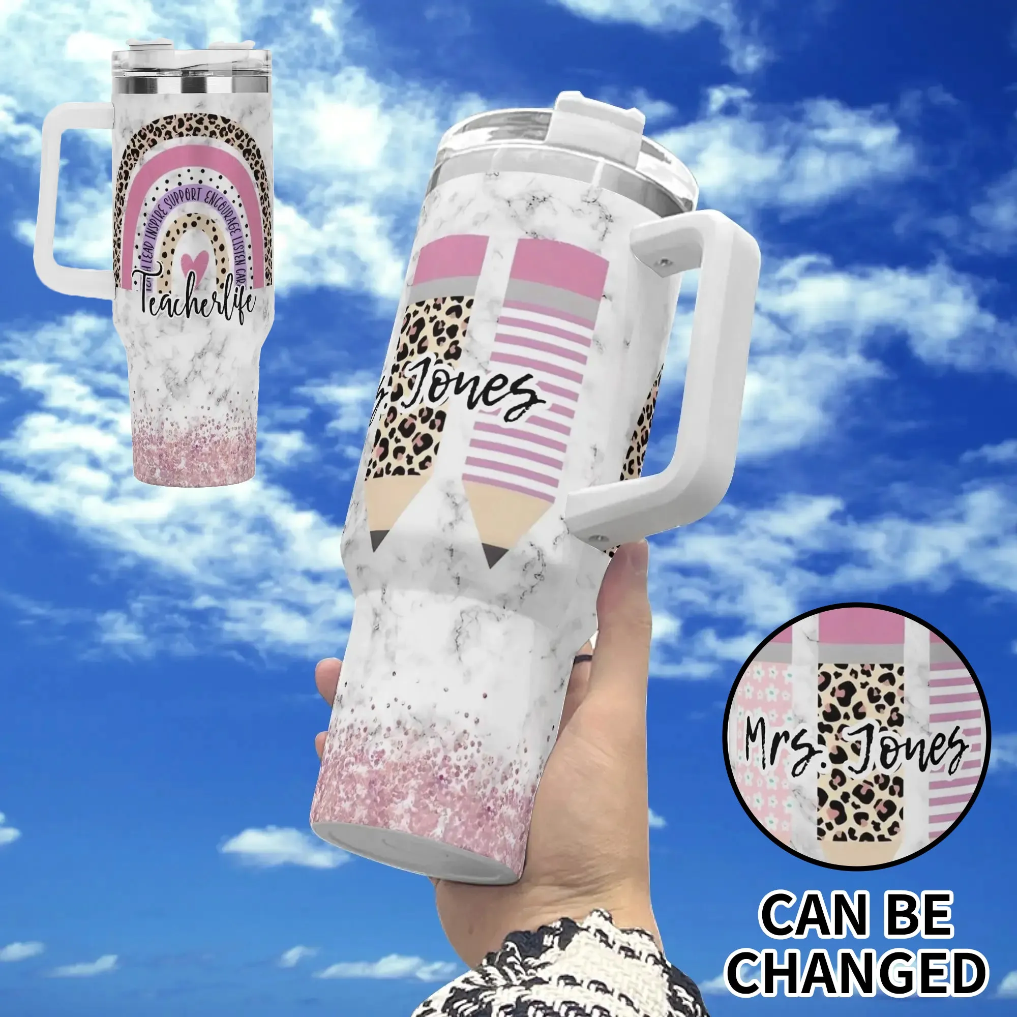 MRS JONES 40oz Stainless Steel Tumbler With White Handle and Straw