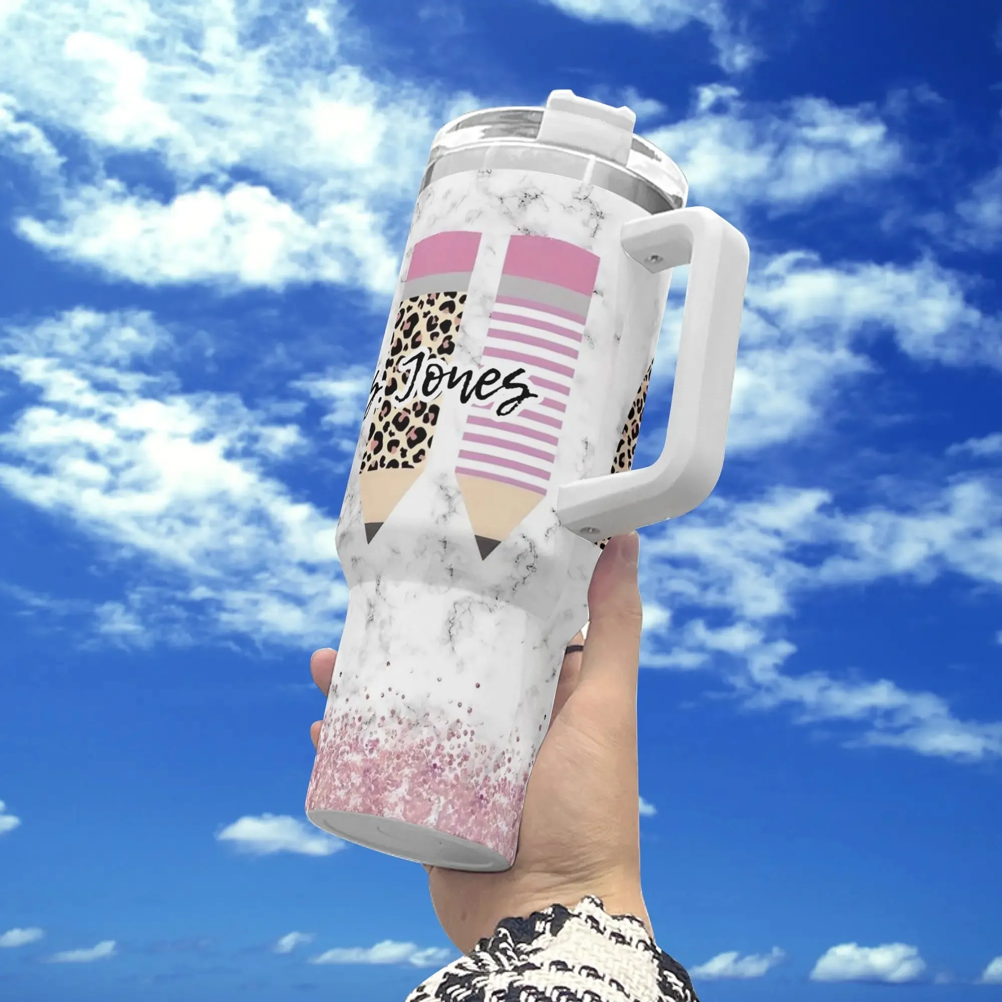 MRS JONES 40oz Stainless Steel Tumbler With White Handle and Straw