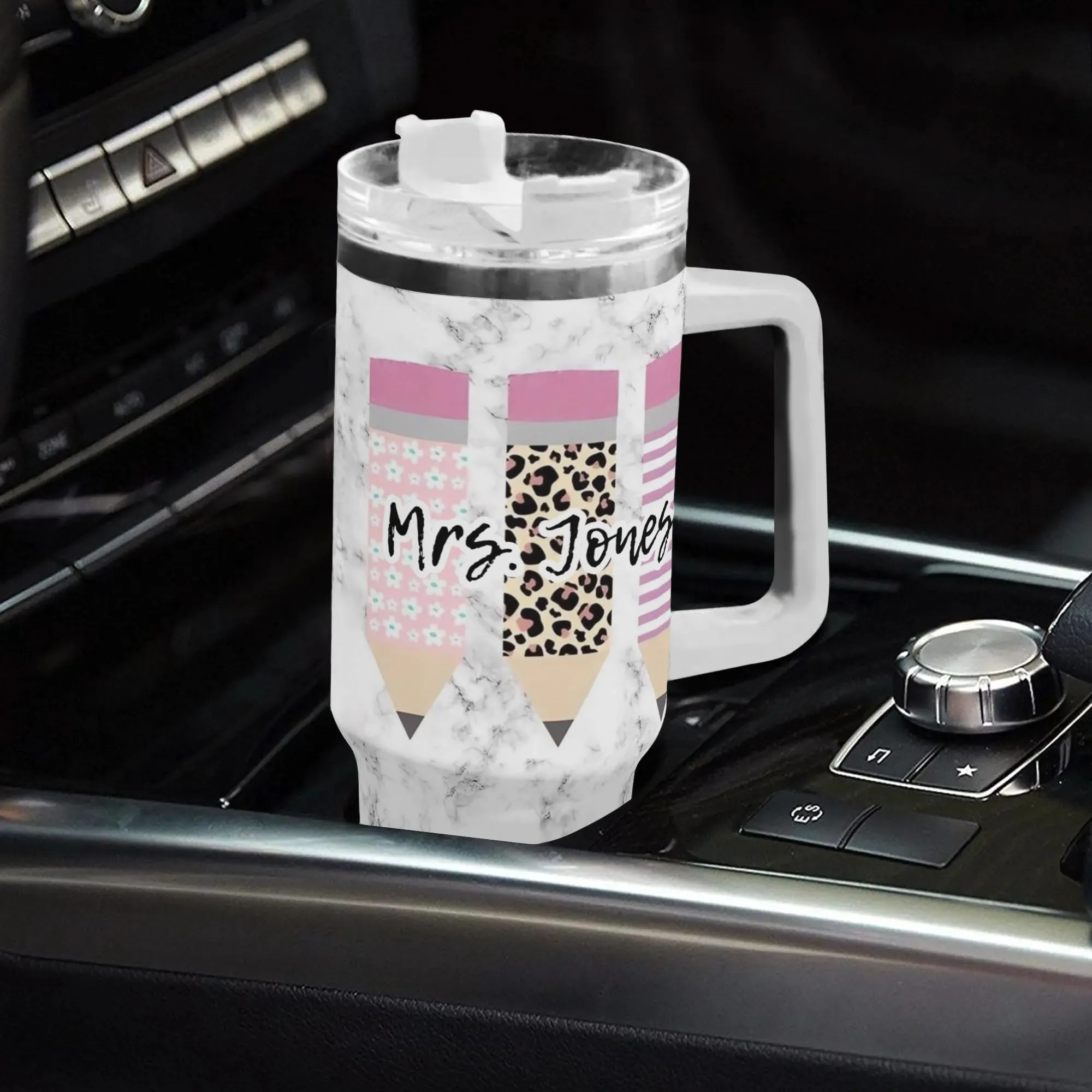 MRS JONES 40oz Stainless Steel Tumbler With White Handle and Straw
