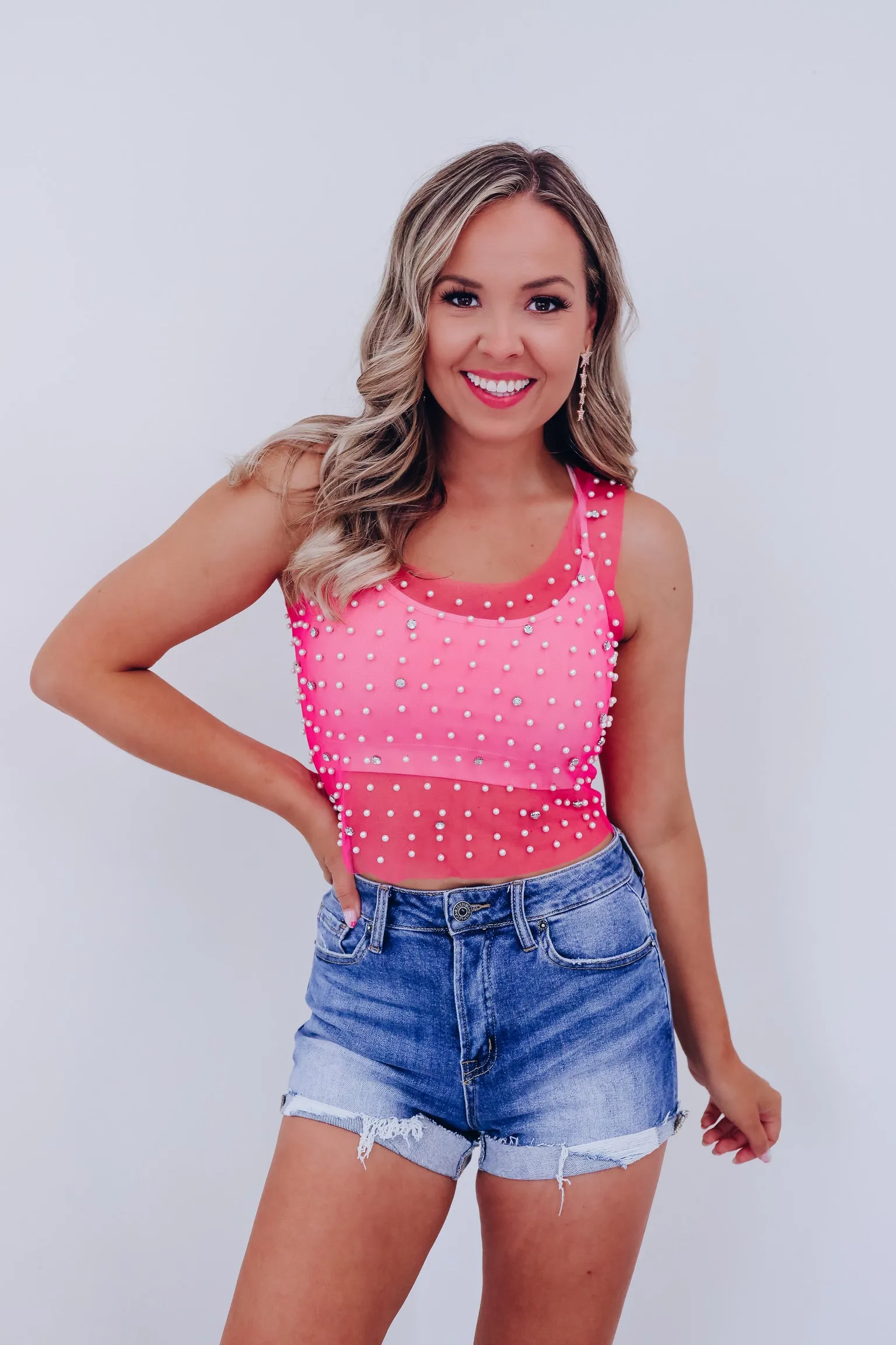 Mykel Pearl & Rhinestone Mesh Tank Top - Pink