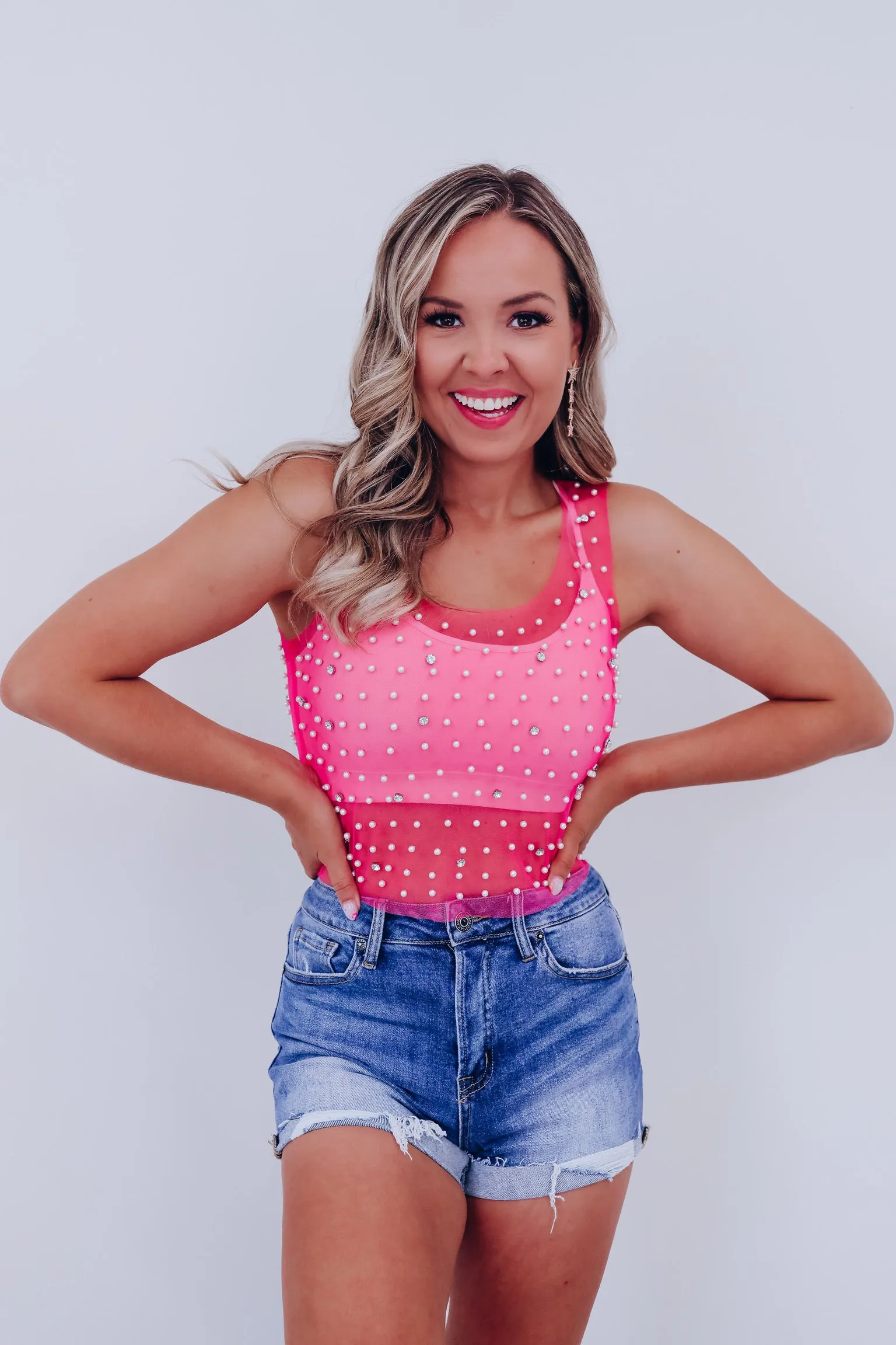 Mykel Pearl & Rhinestone Mesh Tank Top - Pink