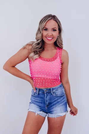Mykel Pearl & Rhinestone Mesh Tank Top - Pink