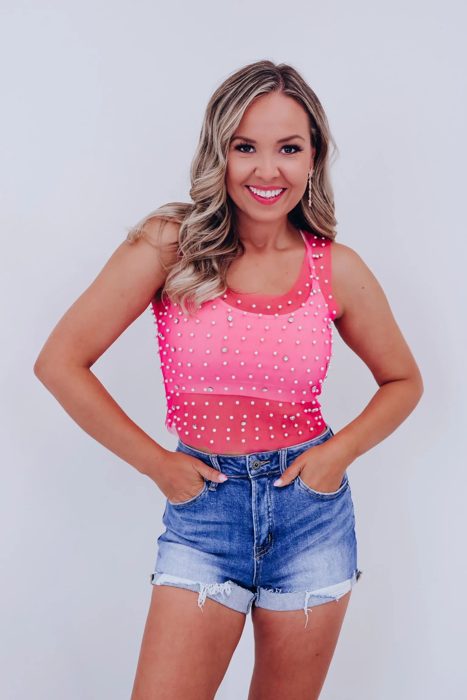 Mykel Pearl & Rhinestone Mesh Tank Top - Pink