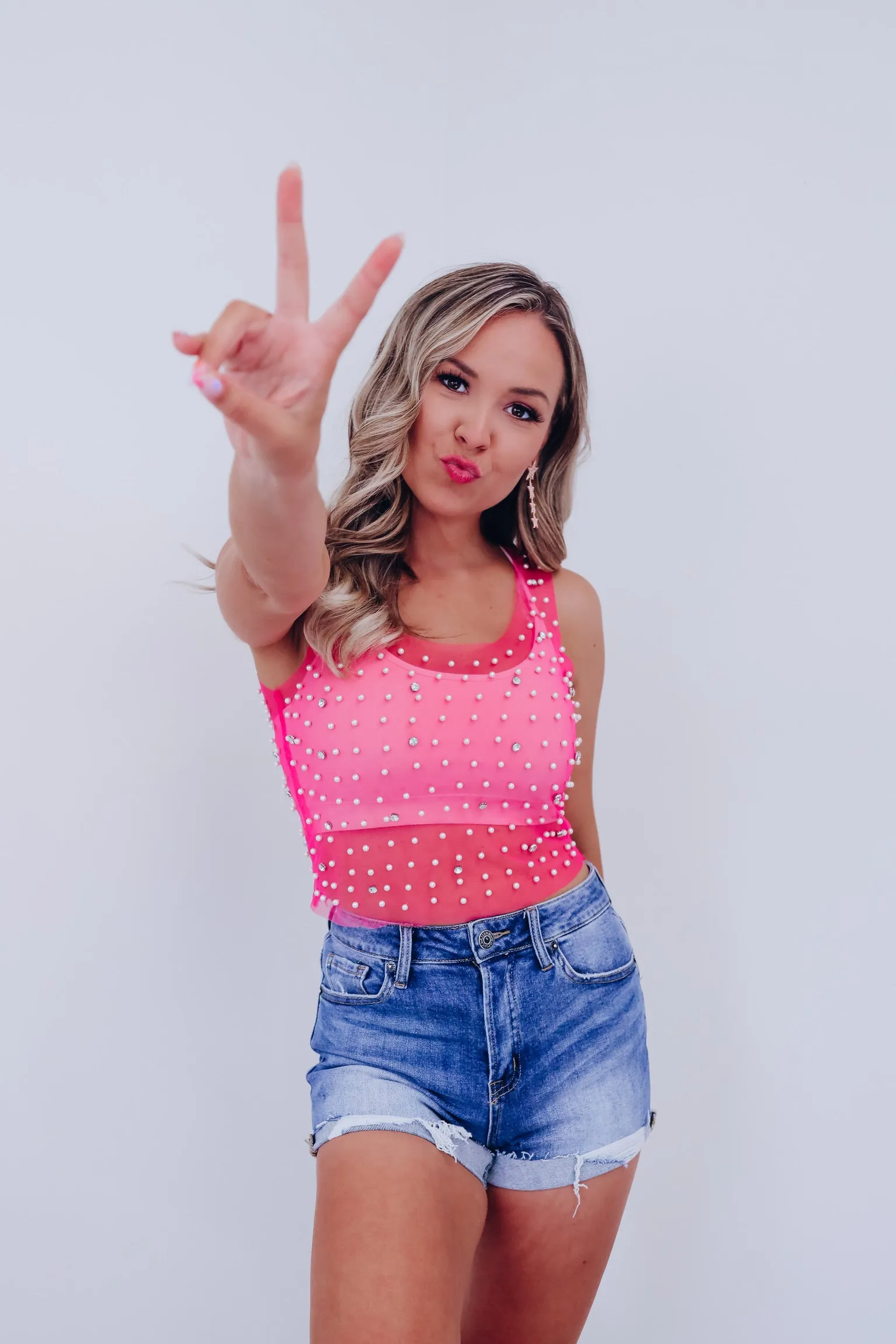 Mykel Pearl & Rhinestone Mesh Tank Top - Pink