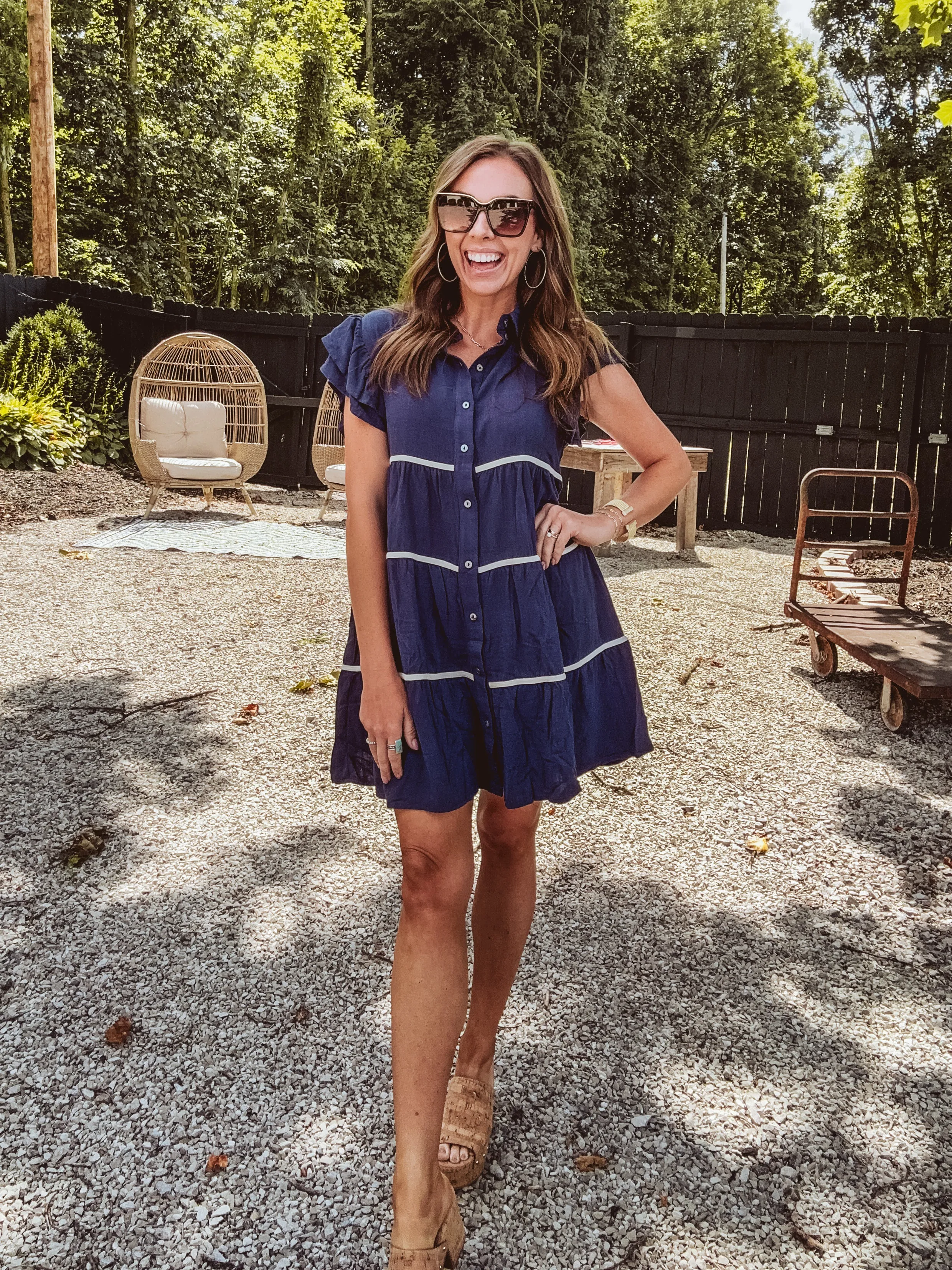 Navy Ruffle Sleeve Contrast Trim Tiered Shirt Dress