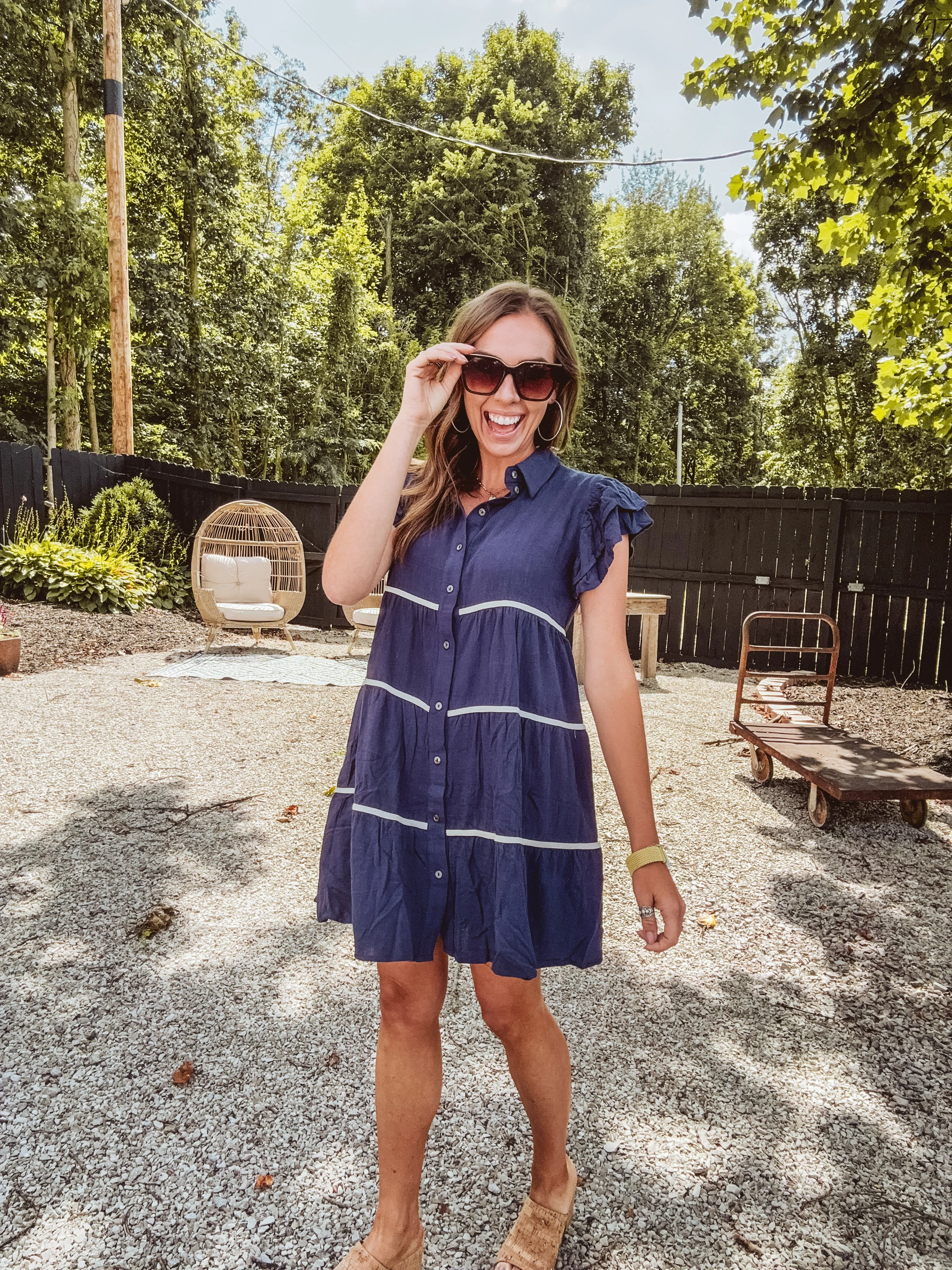 Navy Ruffle Sleeve Contrast Trim Tiered Shirt Dress