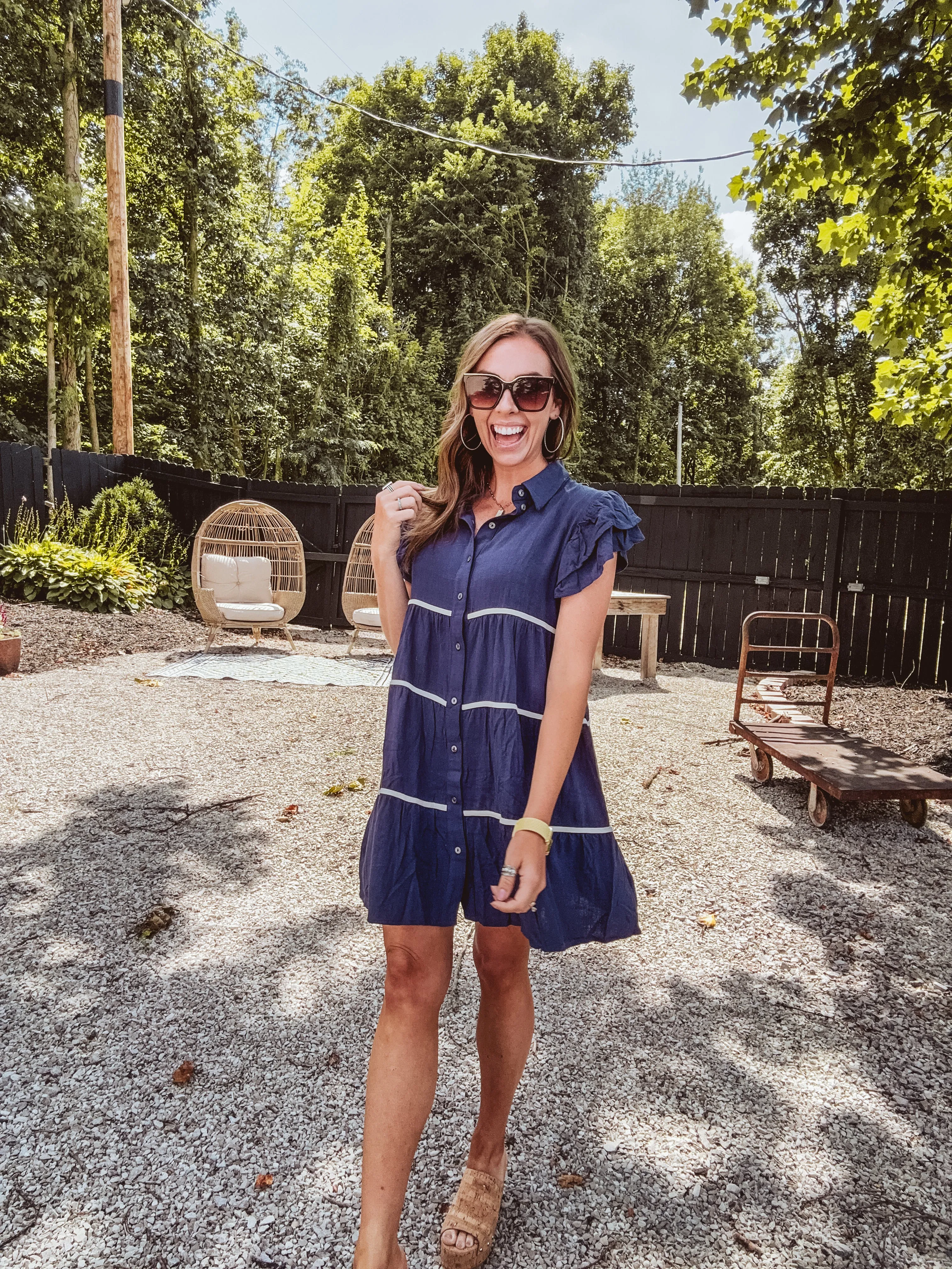Navy Ruffle Sleeve Contrast Trim Tiered Shirt Dress