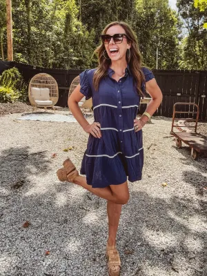 Navy Ruffle Sleeve Contrast Trim Tiered Shirt Dress