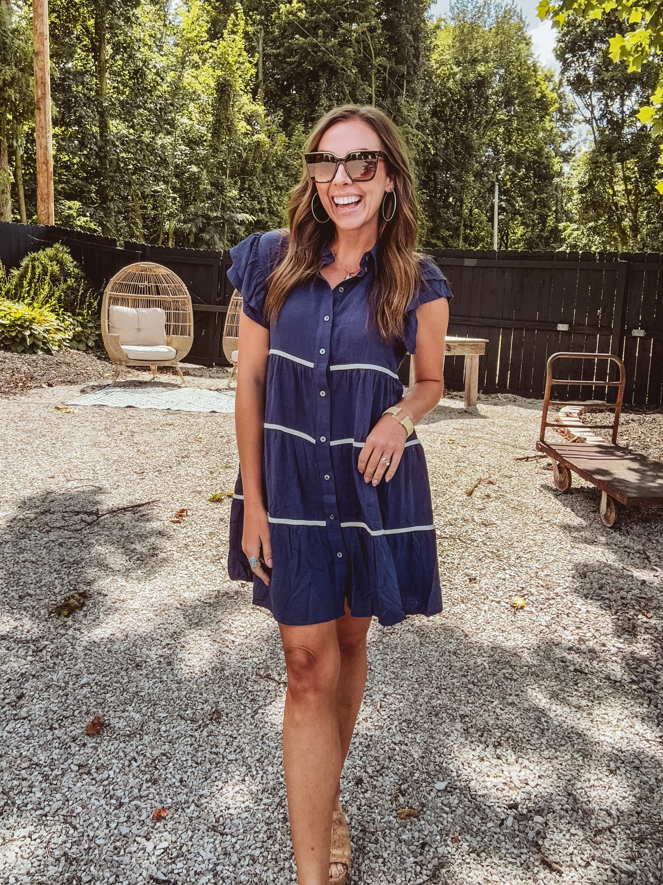 Navy Ruffle Sleeve Contrast Trim Tiered Shirt Dress