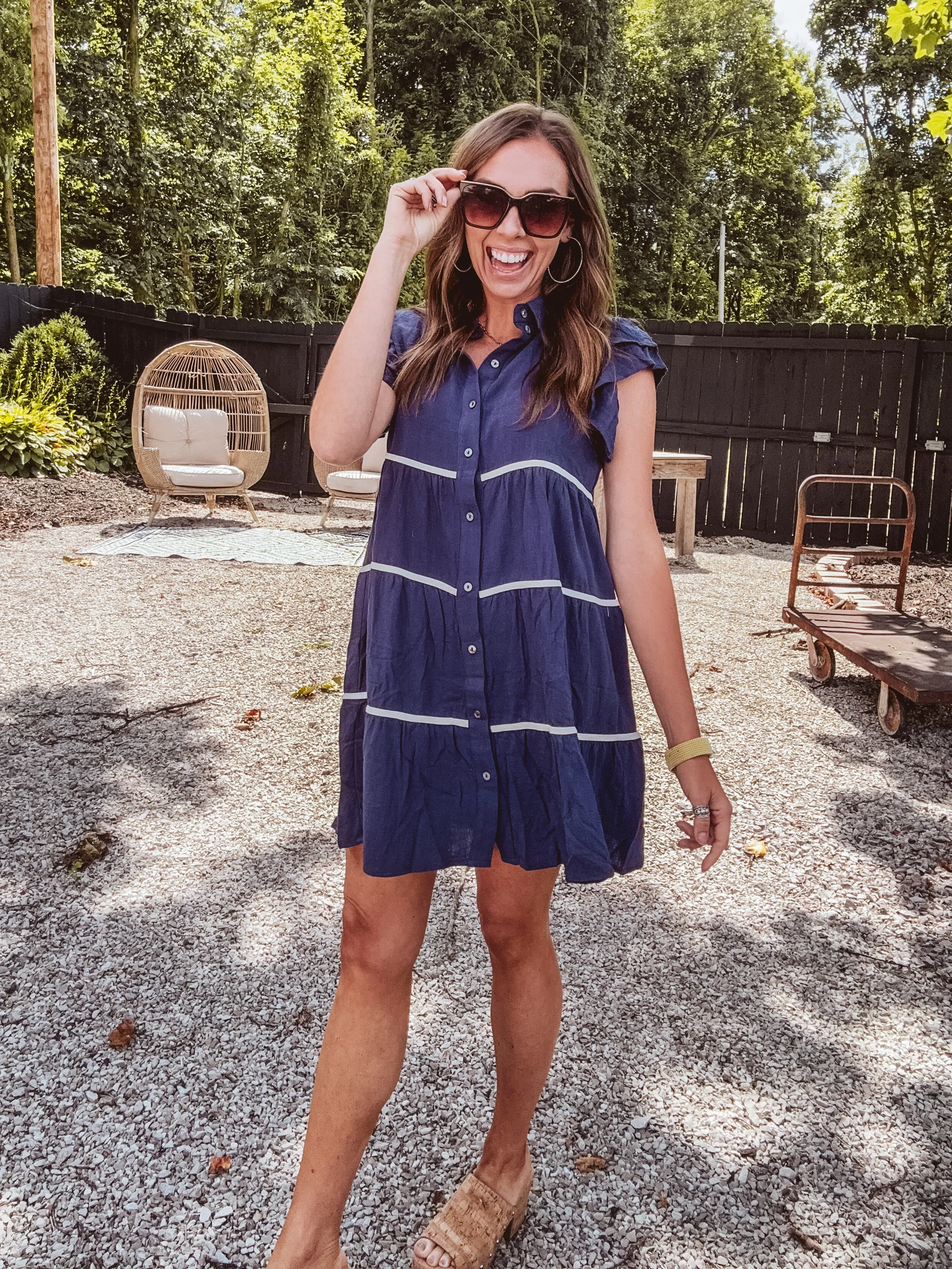 Navy Ruffle Sleeve Contrast Trim Tiered Shirt Dress