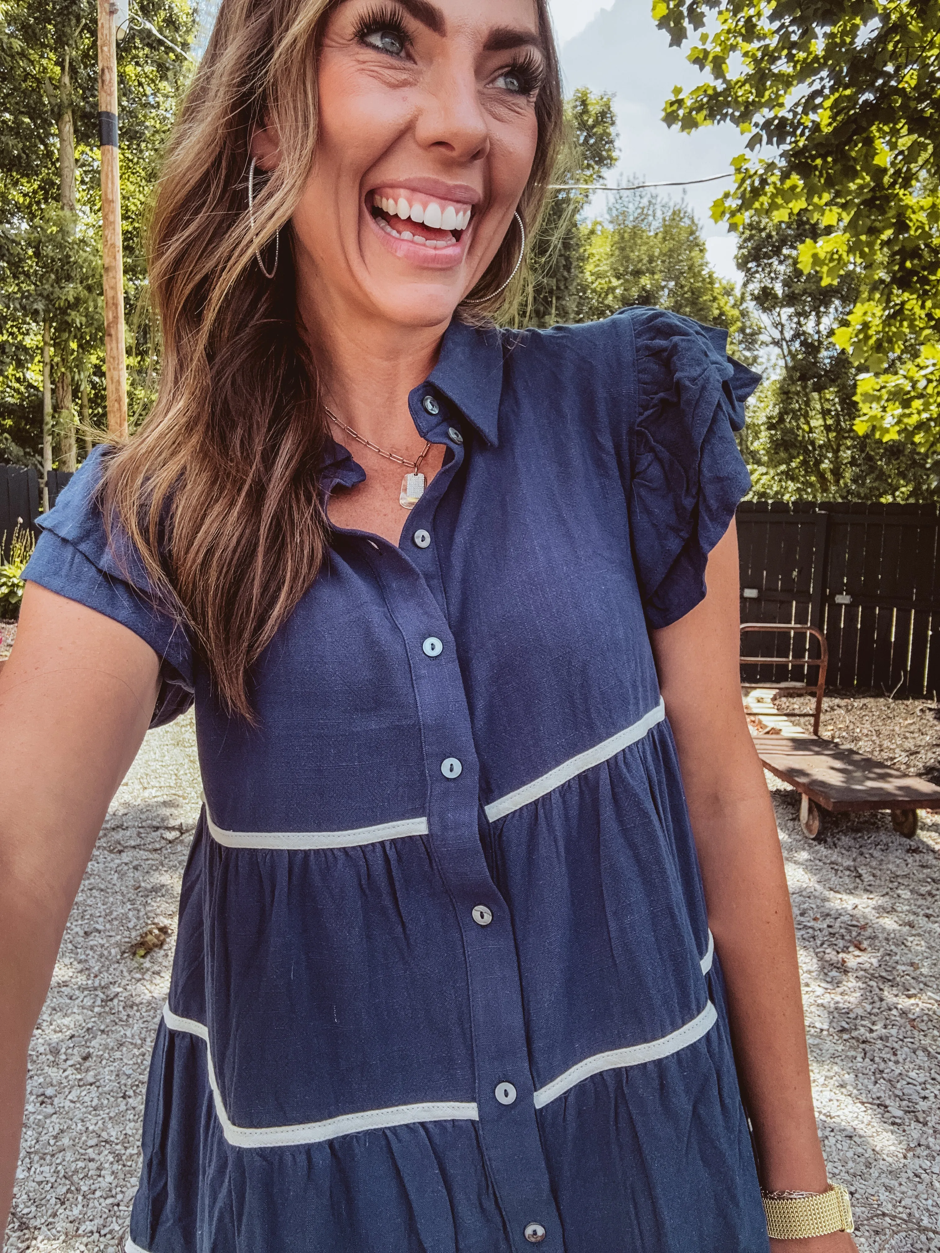 Navy Ruffle Sleeve Contrast Trim Tiered Shirt Dress