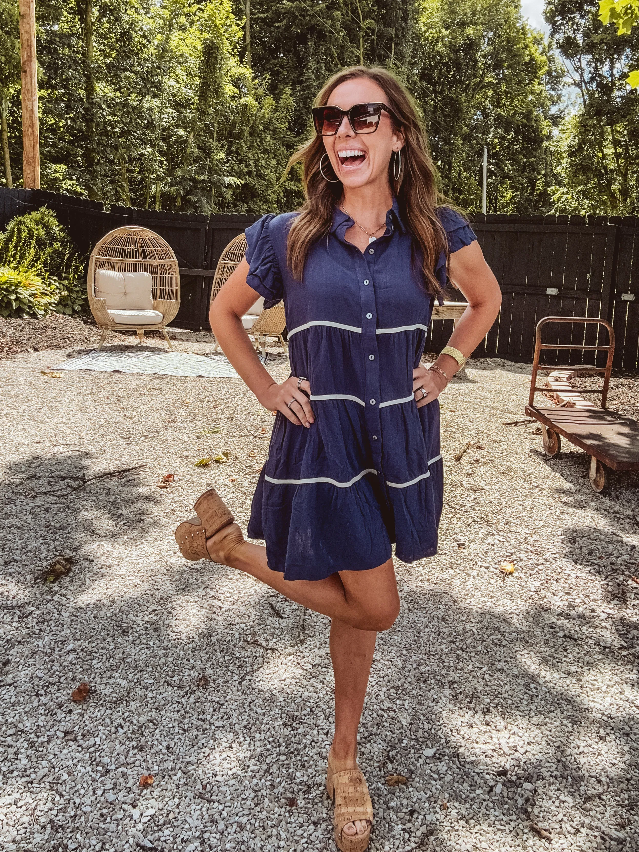 Navy Ruffle Sleeve Contrast Trim Tiered Shirt Dress