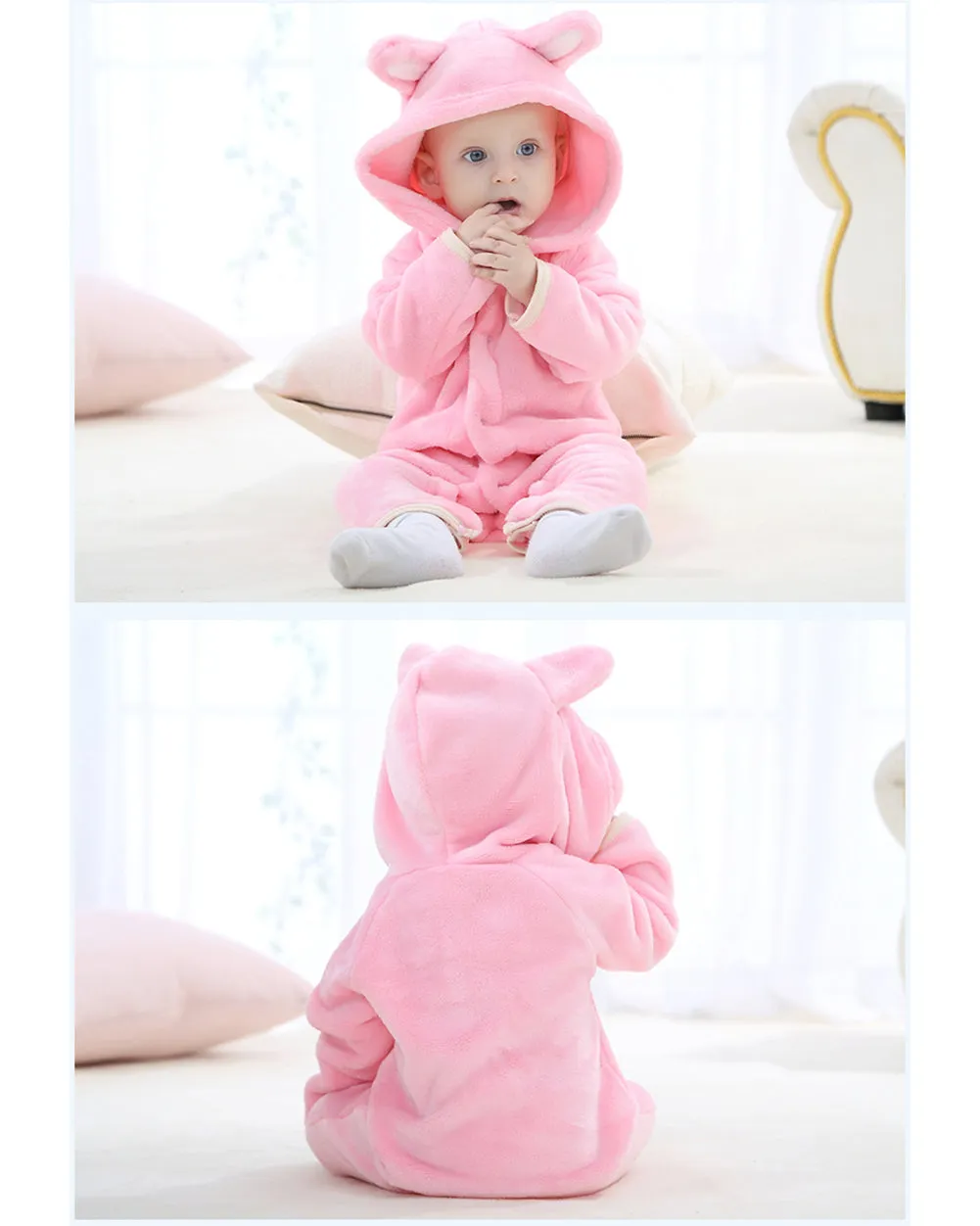 Newborn Baby Cartoon Bear Winter Bunting Bodysuit Warm Hooded Romper Jumpsuit