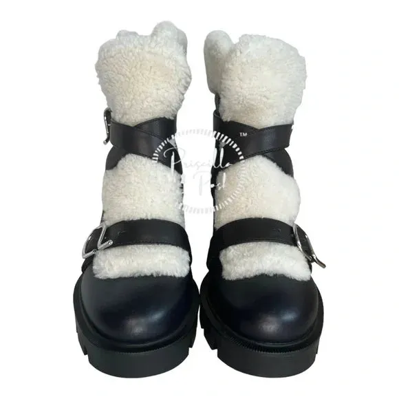 NWB Christian Louboutin Pole Chic Shearling Red Sole Combat Booties, Black 41