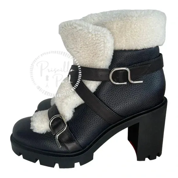 NWB Christian Louboutin Pole Chic Shearling Red Sole Combat Booties, Black 41