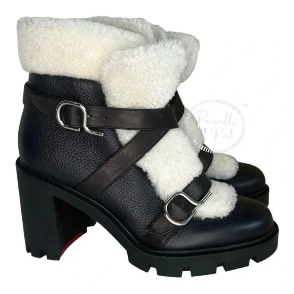 NWB Christian Louboutin Pole Chic Shearling Red Sole Combat Booties, Black 41